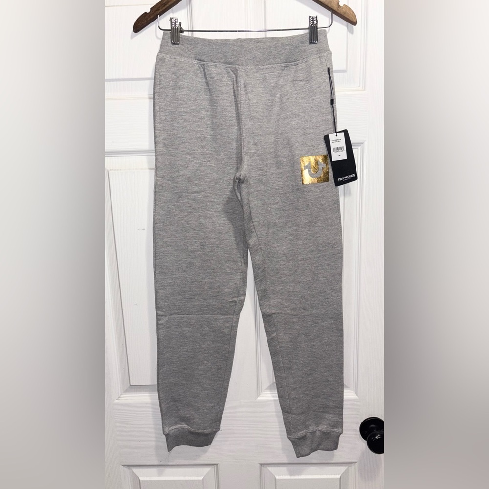 NWT True Religion Joggers Sweat Pants Grey Gold Foil Logo Kids Size Medium NEW